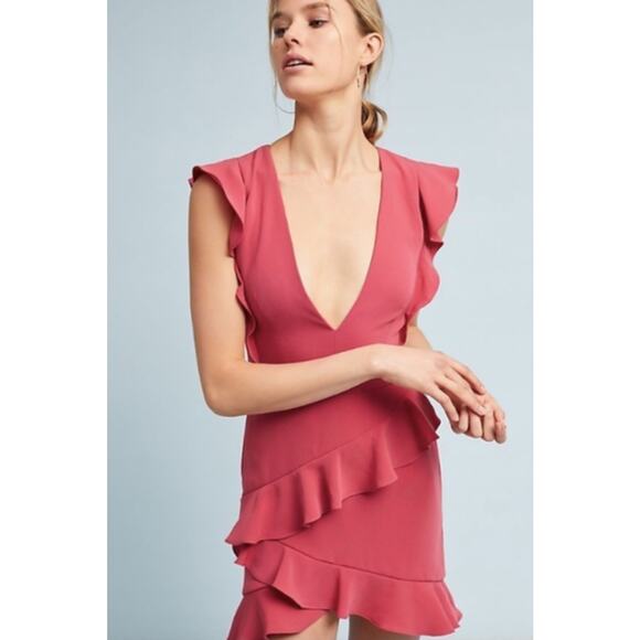 BHLDN Anthropologie Monique Lhuillier Asymmetrical Ruffle Mini Dress V Neck Pink - Picture 15 of 15